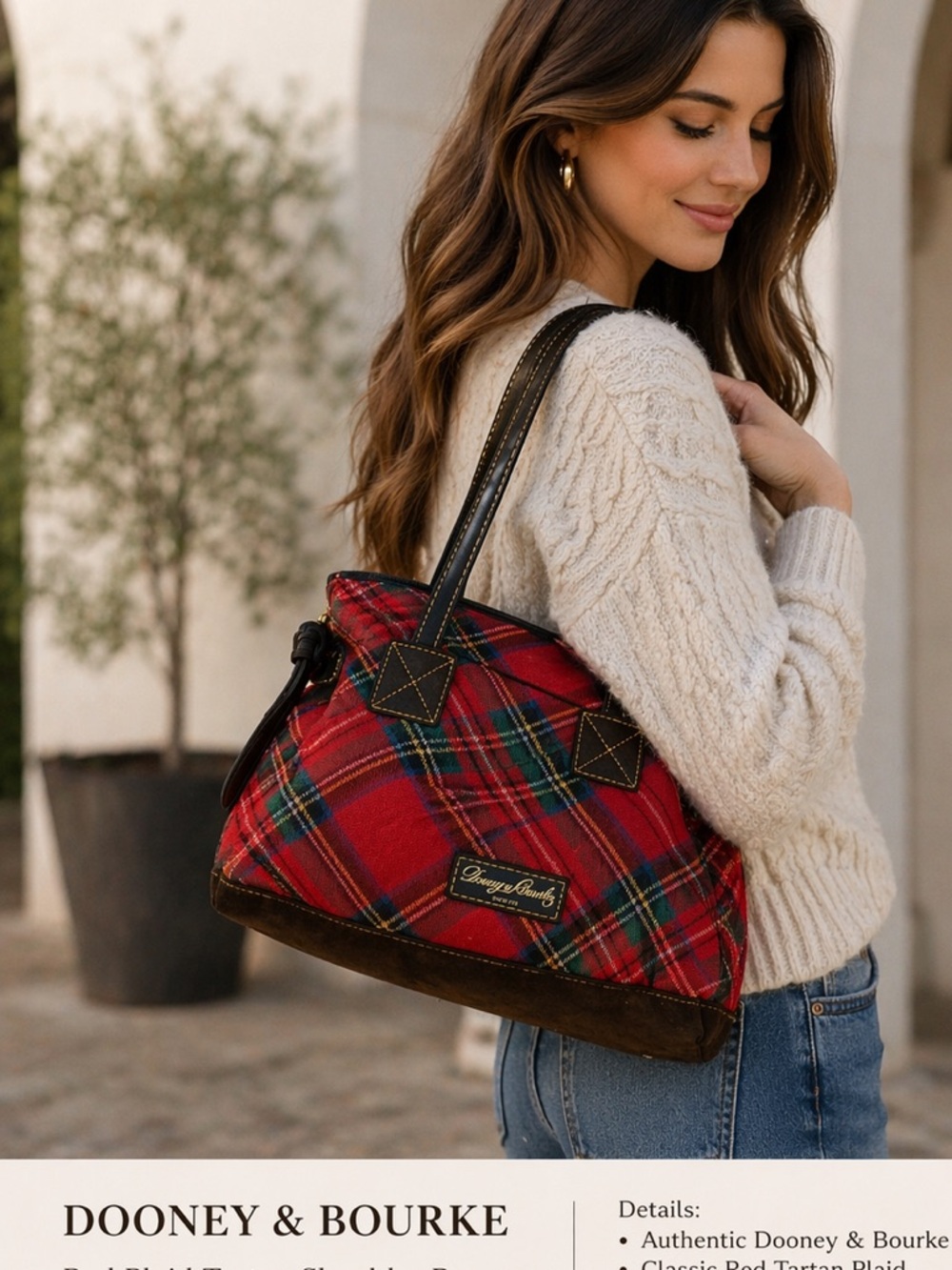 Dooney & Bourke Red Plaid Tartan Tote Shoulder Bag Leather Trim Satchel